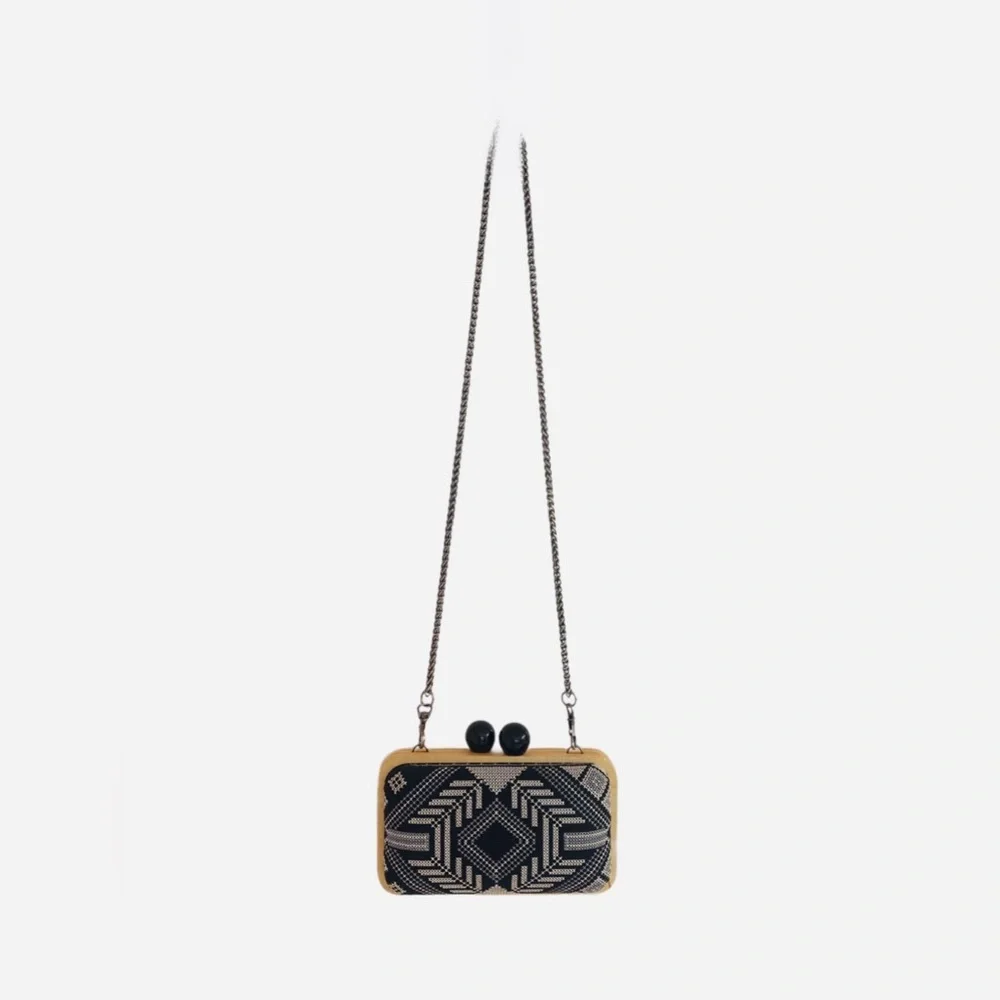 CLUTCH ~ Black and Tan Clutch/Crossbody with Geometric Pattern and Wooden Trim